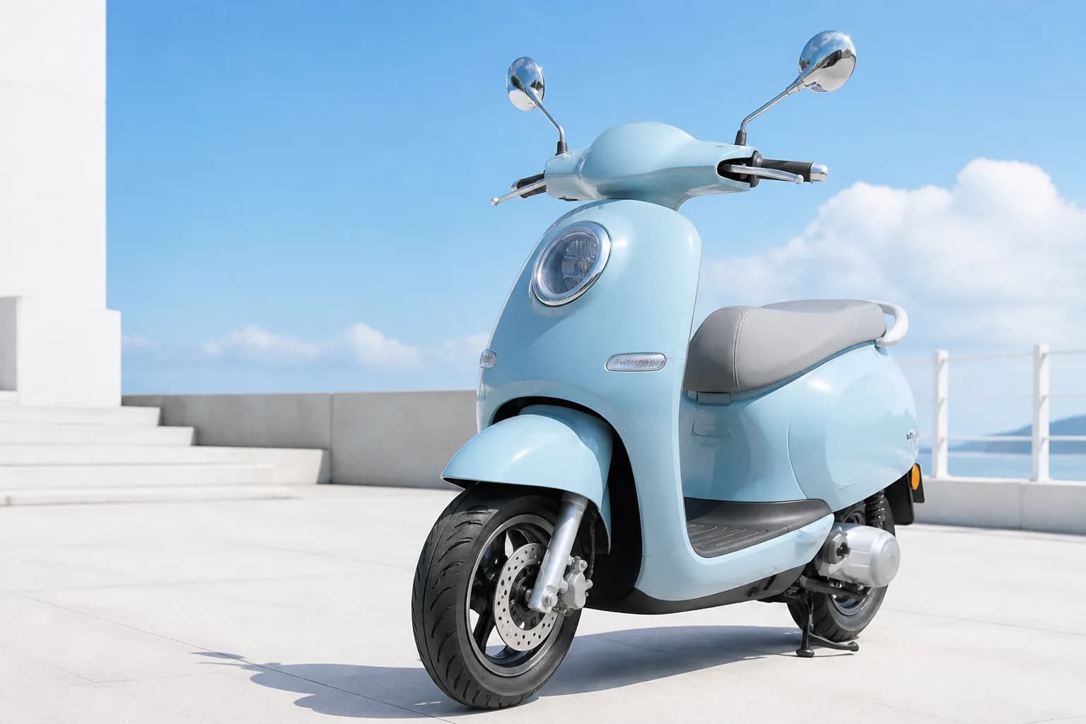 Retro-modern pale blue electric scooter on a sunlit terrace against a clear sky