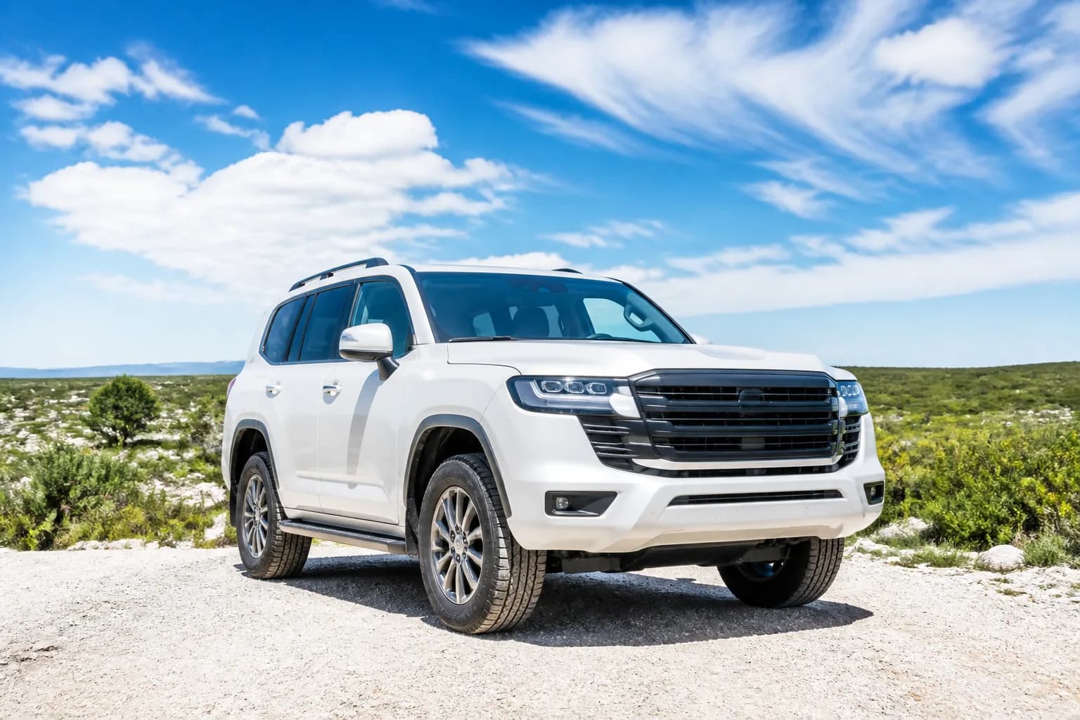 White off-road SUV on a gravel track under a bright blue sky