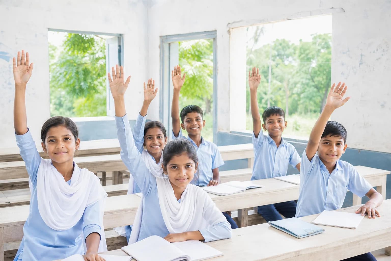 Schoolchildren raising their hands in a bright rural classroom