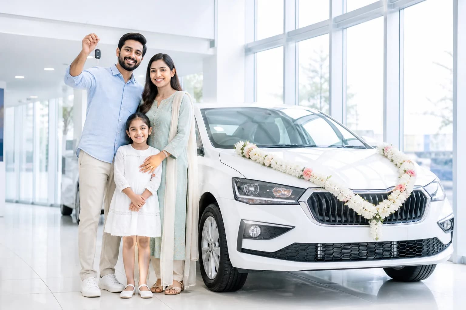 A family collecting their newly delivered car in a sunlit showroom