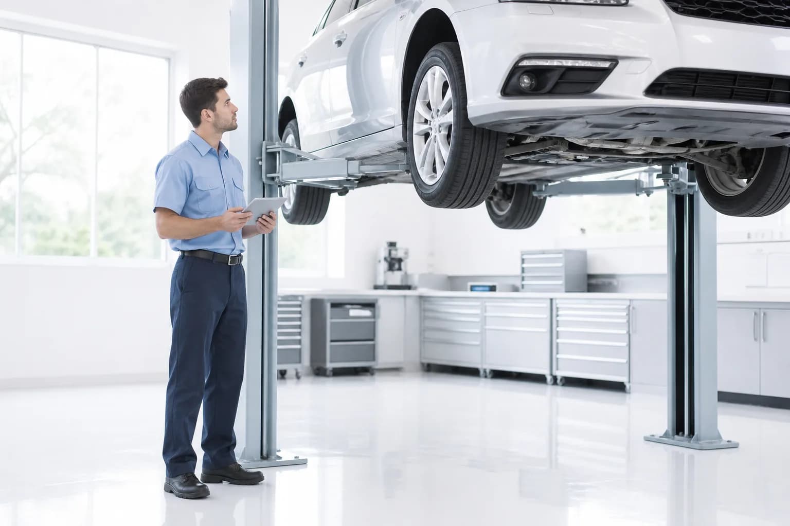 A certified technician running diagnostics on a raised vehicle
