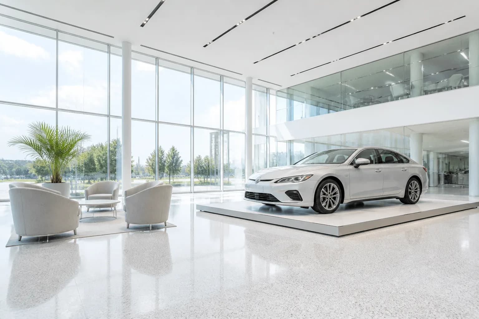 A bright, daylit Sansai showroom interior with a car on display